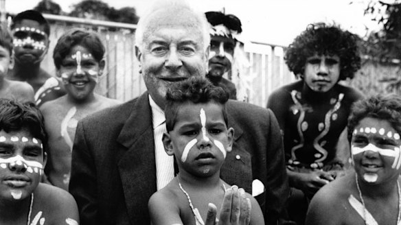 Opening of the Aboriginal Health Service Centre in Fitzroy. Gough Whitlam with the young corroboree dancers in 1993.