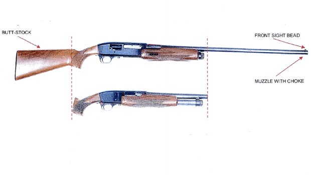 A court image showing how the Le Salle 12-gauge sawn-off shotgun used by Man Haron Monis in the siege was modified. 