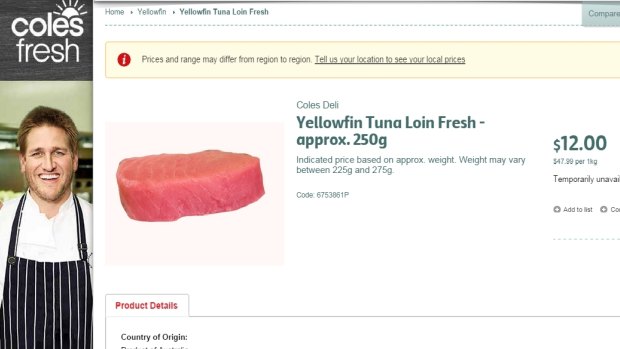 [Screenshot] Coles is selling yellowfin tuna cuts via its online shop.