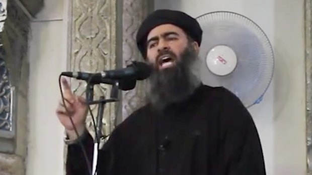 Islamic State leader Abu Bakr al-Baghdadi addresses inhabitants of Mosul in 2014, shortly after the group's conquest of the city.