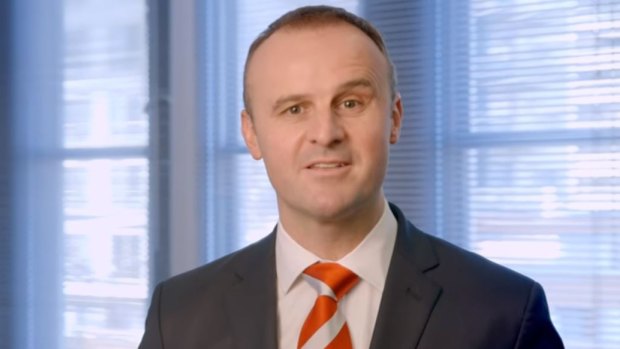 A still shot from the Labor television ad filmed from Chief Minister Andrew Barr's office, in breach of parliamentary rules.