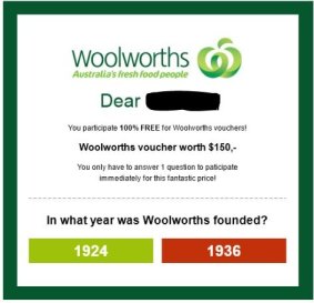 Woolworths gift card scam email reported to ACCC Scamwatch