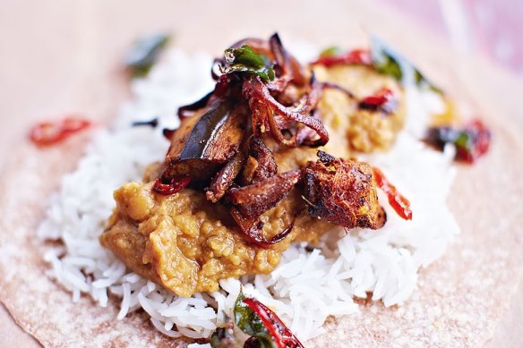 Jamie Oliver's eggplant dhal with handmade chapatis.