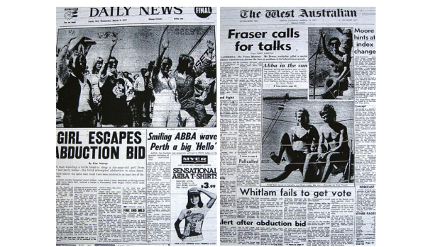 Frontpages of Perth newspapers covering ABBA's appearances in the city.