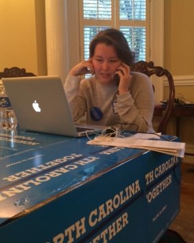 Sarah Miller phones volunteers  in the closing days of the campaign.