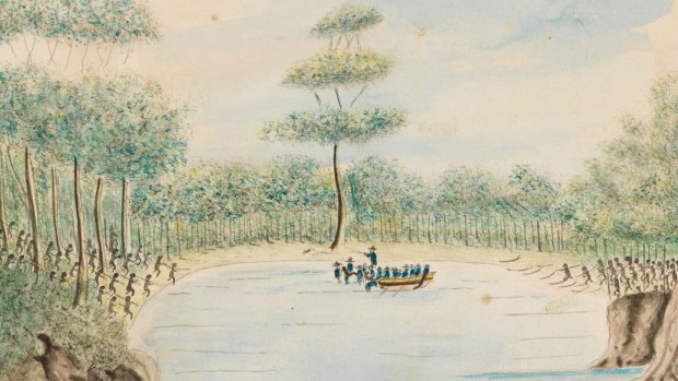 William Bradley's watercolour Taking of Colbee & Benalon, 25 November 1789.