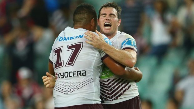 Success: Siosaia Vave and Jamie Lyon of the Sea Eagles celebrate victory.