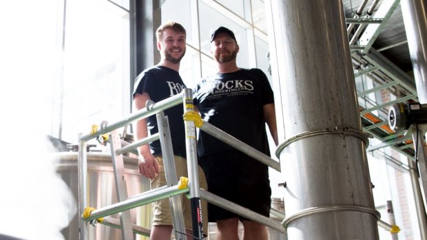 Former intern Rhys Raymond-Jones (left), with head brewer Scott Morgan at Rocks Brewing Company.