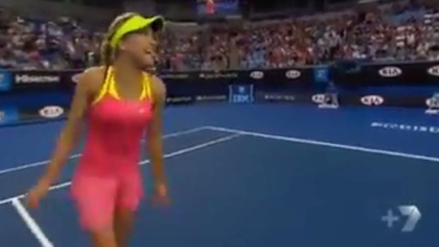 Twirl: Eugenie Bouchard complies with the interviwer's request.