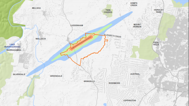 A map released by the federal government last year showing the noise contours from a Badgerys Creek airport.