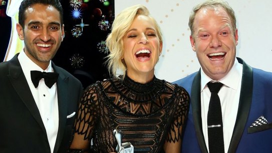 <i>The Project</i>'s Waleed Aly, Carrie Bickmore and Peter Helliar pose with the Logie for Best News Panel Or Current Affairs Program.