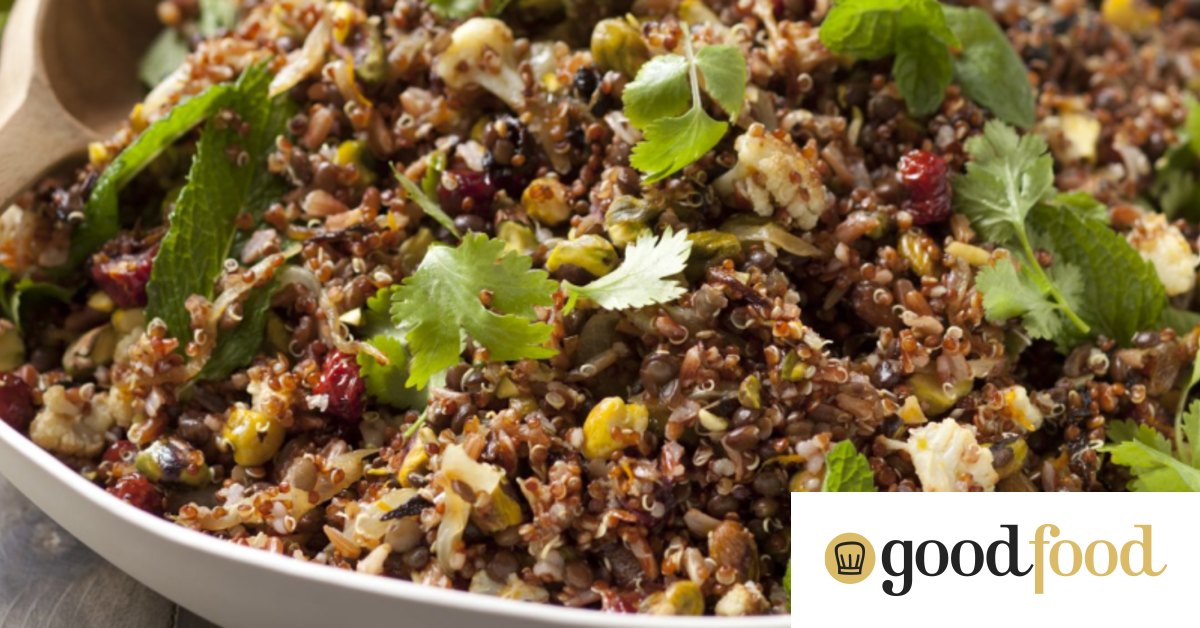 Quinoa, red rice and black lentil salad with spicy cauliflower