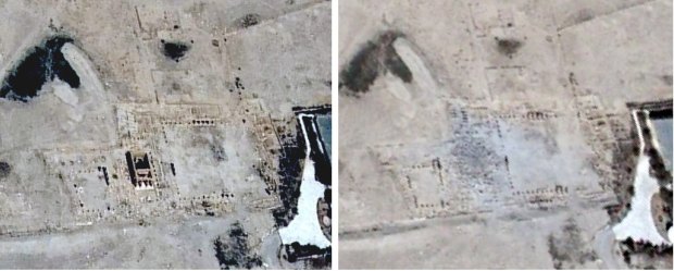 Combination picture shows the site of the Baal Shamin Temple in Palmyra, Syria, on June 26, 2015 (L) and on August 27, 2015 (R) in handout satellite image by the U.S. Department of State (L) and Airbus Defense and Space (R) made available August 29, 2015. Satellite images have confirmed the destruction of the Roman-era temple in the Syrian city of Palmyra, a United Nations agency said, after the hardline Islamic State group claimed responsibility for blowing up the structure a week ago. Islamic State detonated explosives in the ancient Baal Shamin temple on August 25, an act that cultural agency UNESCO has called a war crime aimed at wiping out a symbol of Syria's diverse cultural heritage. REUTERS/U.S. Department of State, Humanitarian Information Unit, NextView License (DigitalGlobe), Satellite Imagery Analysis by UNITAR-UNOSAT; Airbus Defense and Space Satellite Imagery Analysis by UNITAR-UNOSAT/Handout via ReutersATTENTION EDITORS - THIS PICTURE WAS PROVIDED BY A THIRD PARTY. REUTERS IS UNABLE TO INDEPENDENTLY VERIFY THE AUTHENTICITY, CONTENT, LOCATION OR DATE OF THIS IMAGE. THIS PICTURE IS DISTRIBUTED EXACTLY AS RECEIVED BY REUTERS, AS A SERVICE TO CLIENTS. FOR EDITORIAL USE ONLY. NOT FOR SALE FOR MARKETING OR ADVERTISING CAMPAIGNS. NO SALES. NO ARCHIVES.