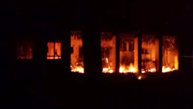 During: flames inside the MSF hospital's trauma centre in Kunduz.  