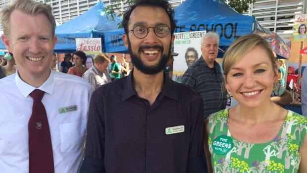 Greens mayoral candidate Ben Pennings, Gabba Ward candidate Jonathon Sri and Greens senator Larissa Waters.