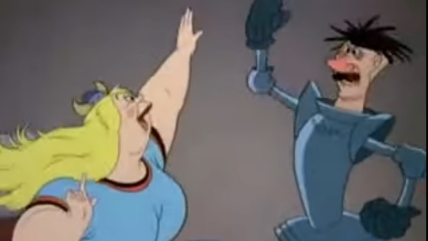 Brunnhilde (Germany) and Sigfried (Hitler) in the 1943 Disney anti-Nazi film for children, Education For Death.