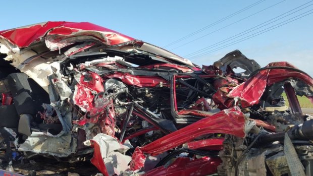 The Mazda 3 after the horror smash near Gingin. The driver did not survive.