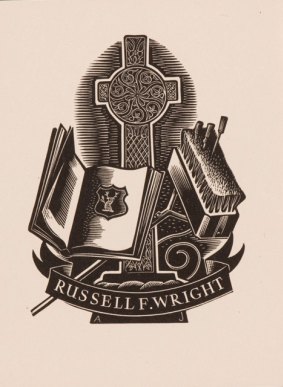 Allan Jordan's bookplate for Russell Wright features a Celtic cross, open book, broom and screwdriver.
