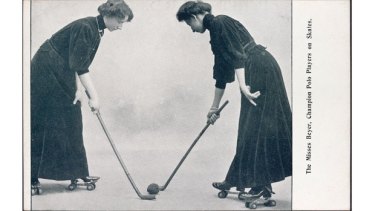 A postcard of Ruby, left, and Hilda, right, playing polo on skates, c.1908.