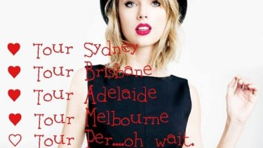 Taylor Swift fans created meme after scathing meme to get Taylor Swift to visit, but her 1989 tour, opening on Saturday in Sydney, remained steadfastly east-facing. 