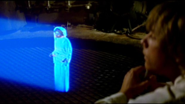 "Help me Obi Wan Kenobi": Princess Leia leaves a 3D hologram message in <em>Star Wars</em>.