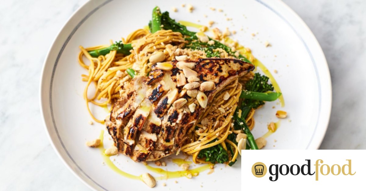 Jamie Oliver's chicken noodle stirfry with broccolini and toasted peanuts