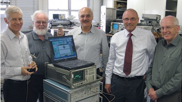 CSIRO Wi-Fi technology inventors, from left: Terry Percival , John Deane, Diet Ostry, John O'Sullivan and Graham Daniels at CSIRO's Marsfield lab in Sydney, where the technology was developed in the 1990s.