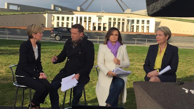 Stefanovic and Wilkinson interviewing Julie Bishop and Tanya Plibersek.