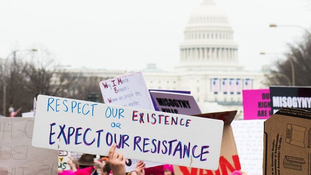 A view of demonstrators marching on Pennsylvania Avenue during the Women's March on Washington.