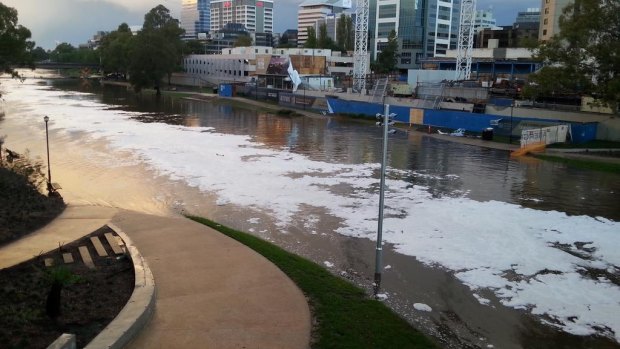 Ice floats across the Parramatta River on Saturday evening.