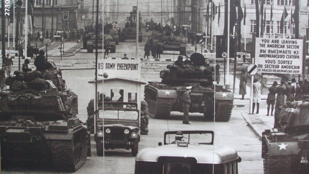 US and Russian tanks face off at Checkpoint Charlie in Berlin early in the Cold War.