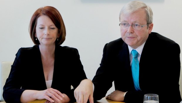 Former prime minister Kevin Rudd and Julia Gillard in an infamous appearance together after she replaced him as prime minister.