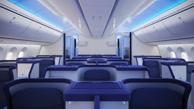 ANA's Dreamliner business class is decorated in blue hues. 