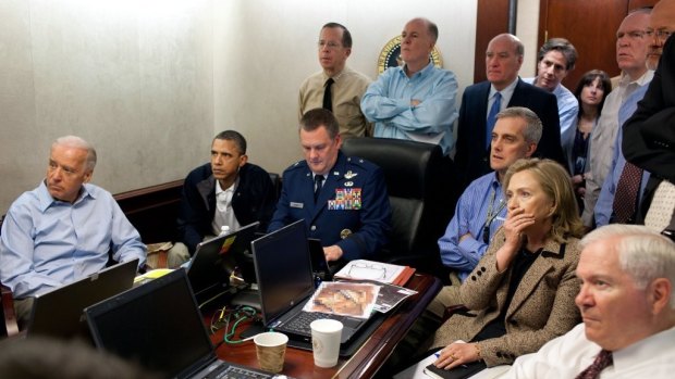 US President Barack Obama and then Secretary of State Hillary Clinton and staff watch live the raid that killed Osama bin Laden in 2011.