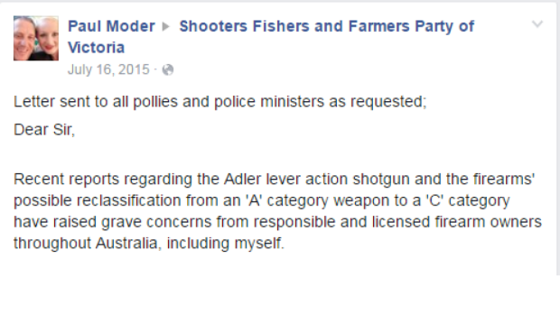 Mr Moder shared his opposition to plans to restrict the Adler shotgun on Facebook. 
