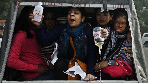 Acid attack survivors protest against the lack of any safeguards and laws seeking their active rehabilitation in New Delhi, 2014.