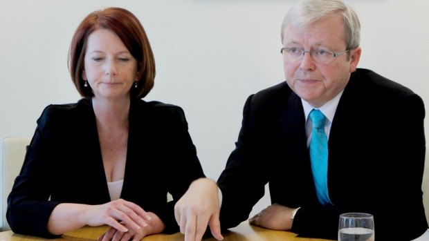 Former prime minister Kevin Rudd and Julia Gillard in an infamous appearance together after she replaced him as prime minister.