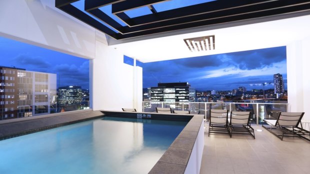 The rooftop pool at the Alex Perry Hotel in Brisbane.