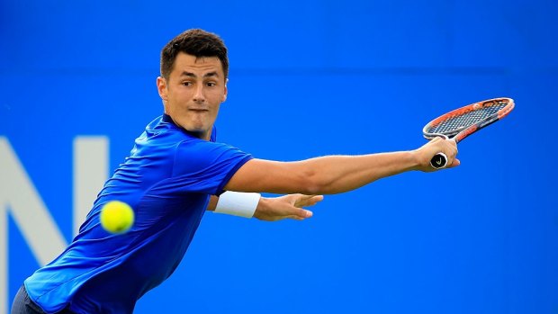 Hewitt-esque: Bernard Tomic channeled his coach Lleyton Hewitt in a spirited quarter final victory over Gilles Muller at the Queens Club.