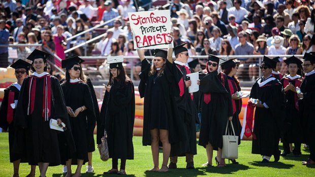 Students protest before the 125th Stanford University commencement ceremony amid an on-campus rape case and its controversial sentencing. 