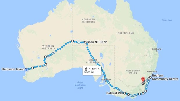 A map of Clinton Pryor's intended route. He is now in Melbourne.