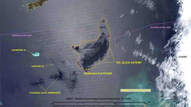 A NASA image from September 2009 shows the extent of the oil slick created by the Montara oil spill in the Timor Sea. Part of West Timor in Indonesia can be seen at the top of the image.
