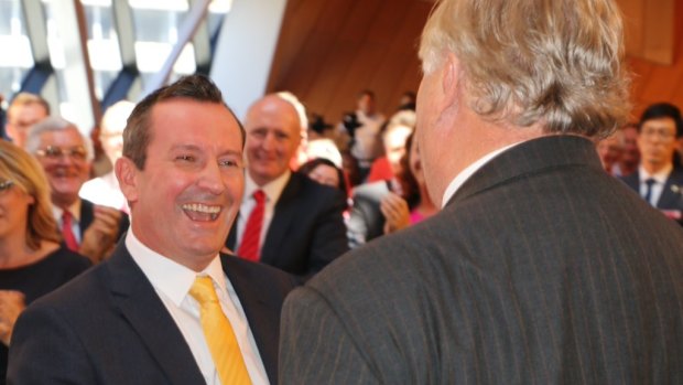 Mark McGowan is greeted by Kim Beazley at WA Labor's official campaign launch. 