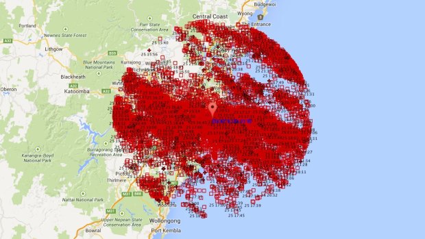 16,311 lightning strikes: this map shows the intensity of lightning strikes during Saturday's storm as it heads east over Sydney and out to sea.