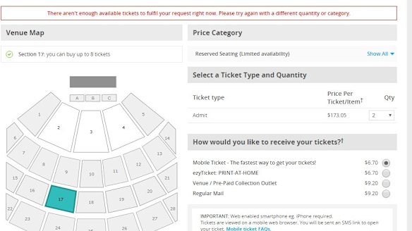 The unwelcome message to greet many fans on the Ticketek website.