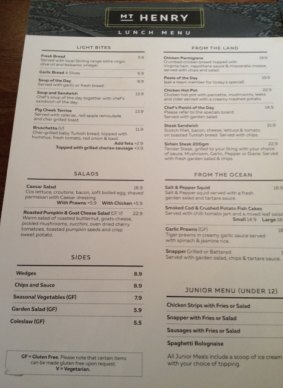 The limited menu at the tavern on Manning Road.