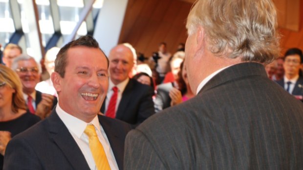 Mark McGowan is greeted by Kim Beazley at WA Labor's official campaign launch. 