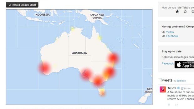 Screenshot from outage website aussieoutages.com showing affected areas.