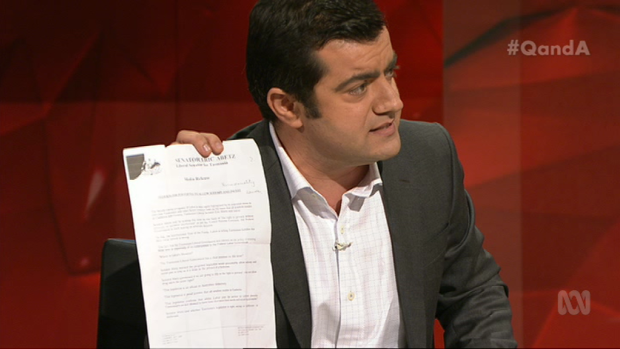"I have it here": Sam Dastyari reminds Abetz of his old anti-LGBTI comments.