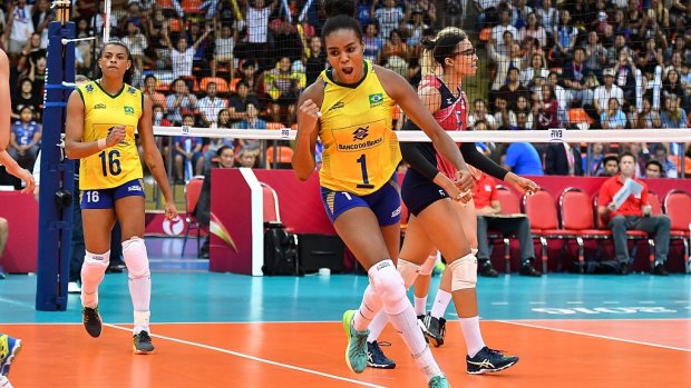 With pride and love: Fabiana Claudino led the Brazilians to an opening day win in the volleyball against Cameroon.
